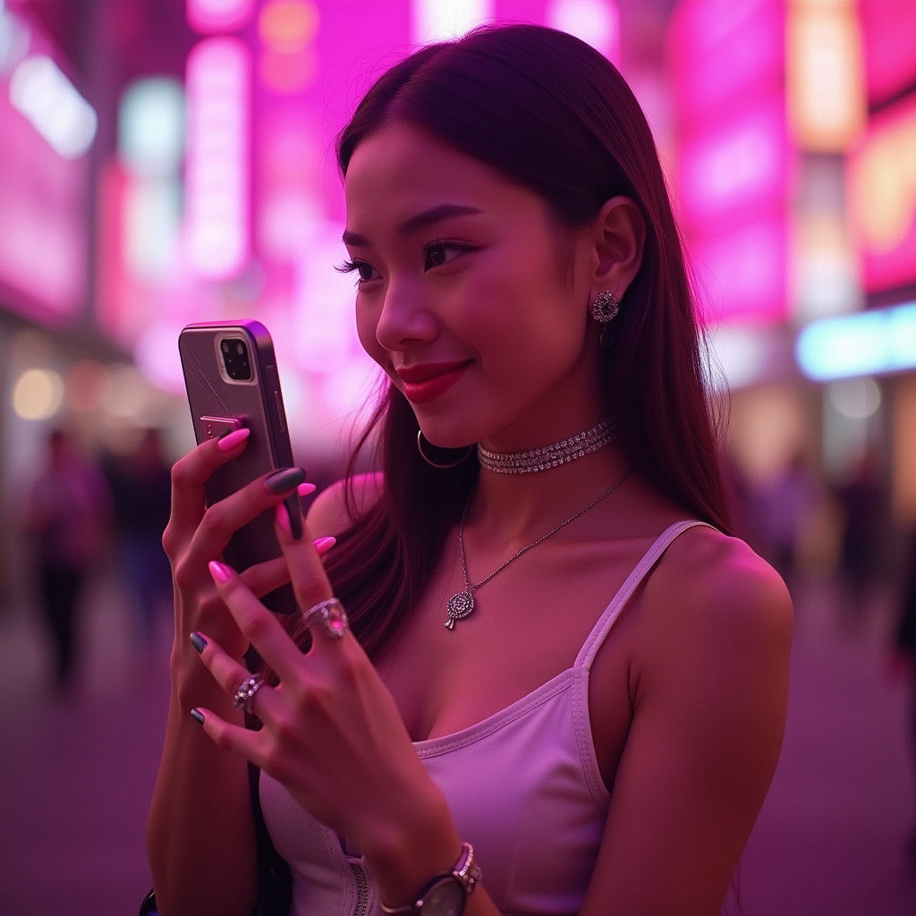 Stylish Selfie in Tokyo-Inspired Neon Cityscape