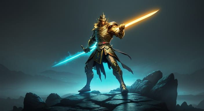 Glowing Lightsword Hero in Neon-Lit Fantasy World