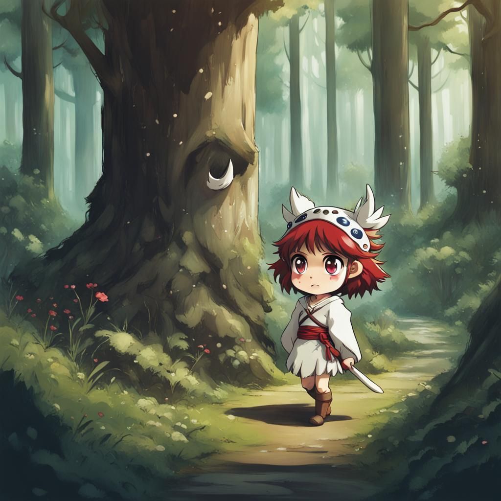 Chibi Princess Mononoke in Whimsical Forest