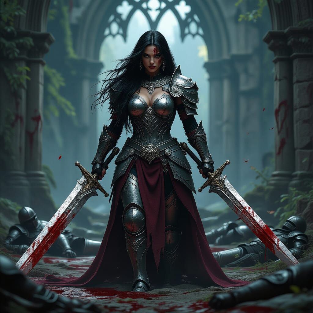 Gothic Warrior in Ruined Temple Digital Painting