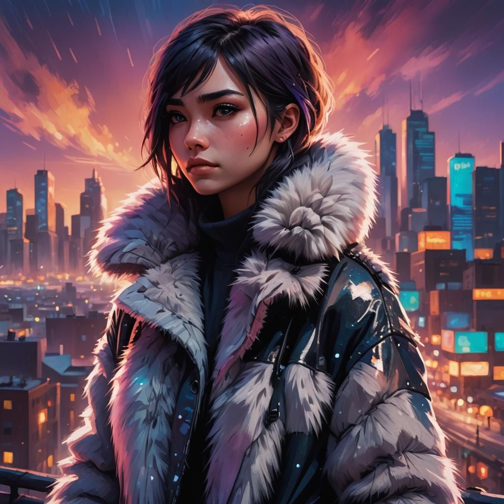 Emo Girl in Fur Coat with Cityscape, 3D Render