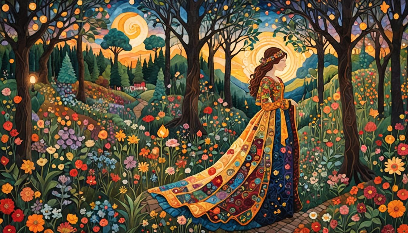 Quilted Sunset Woman in Enchanted Forest: A Digital Masterpi...