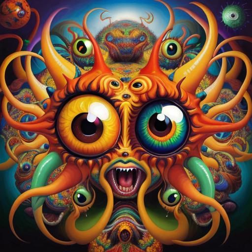 Surreal Oil Painting: Piercing Eyes in a Vibrant Dreamscape
