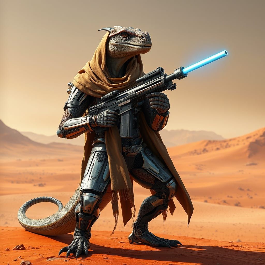 Futuristic Reptilian Bounty Hunter in Desert Armor