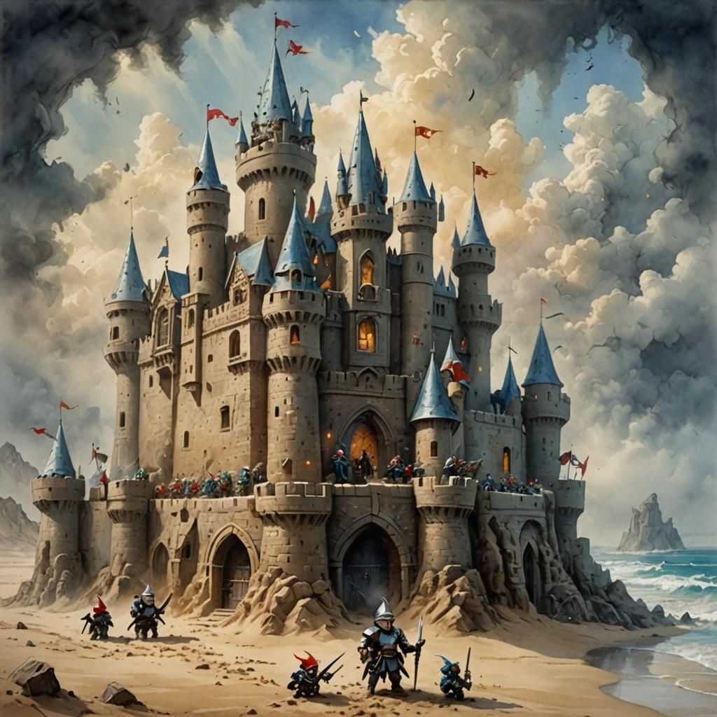 Gnomes Defend Sandcastle: Ethereal Fantasy Illustration