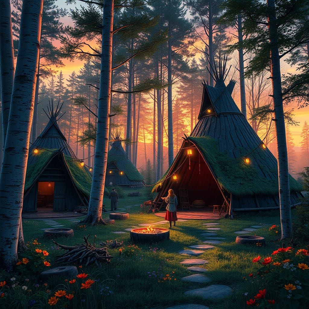 Fantastical Tipi Village in Vibrant Birch Bark Style