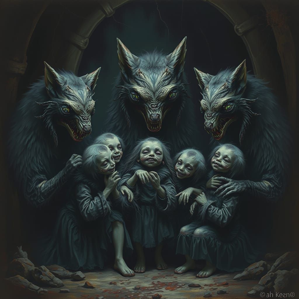 Grotesque Village of Wolf-Children in Dark, Grimy Environmen...