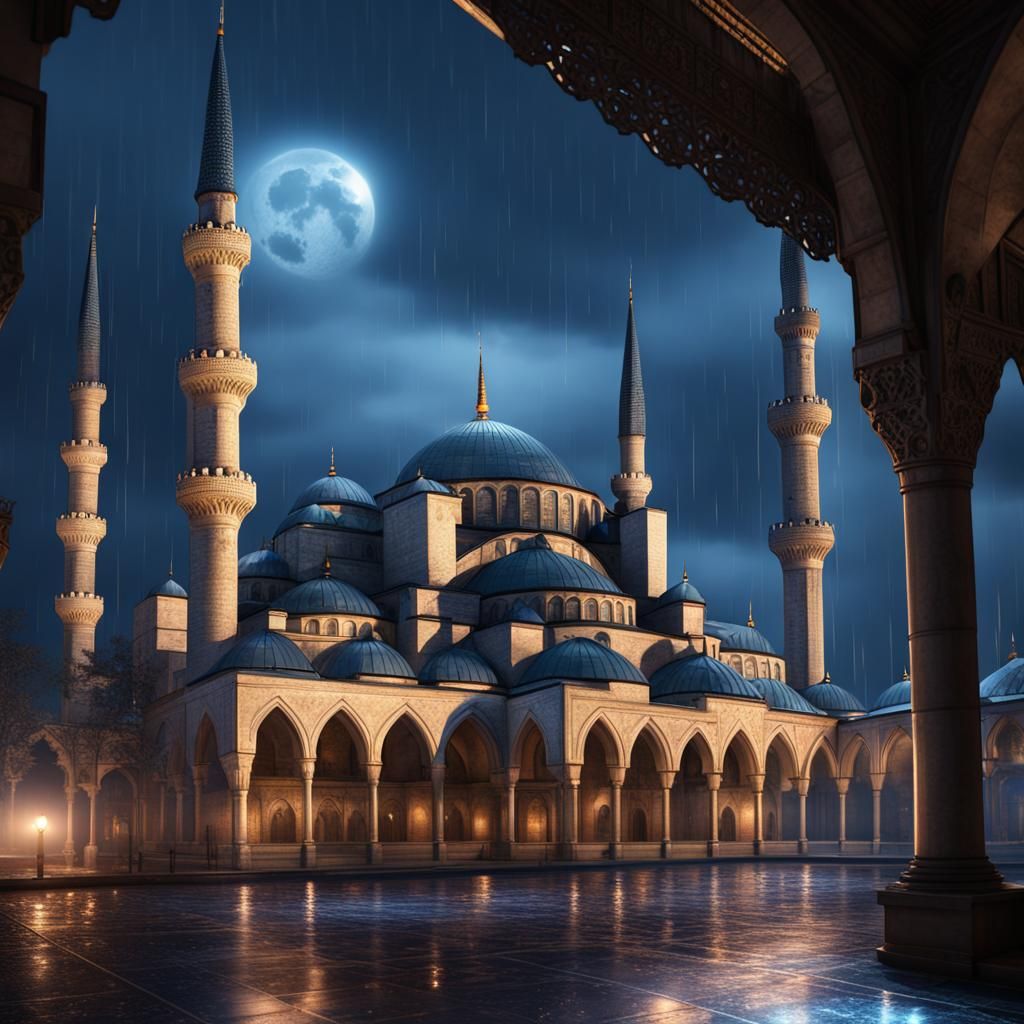 Blue Mosque Turkey at Night: Hyperrealistic Matte Painting