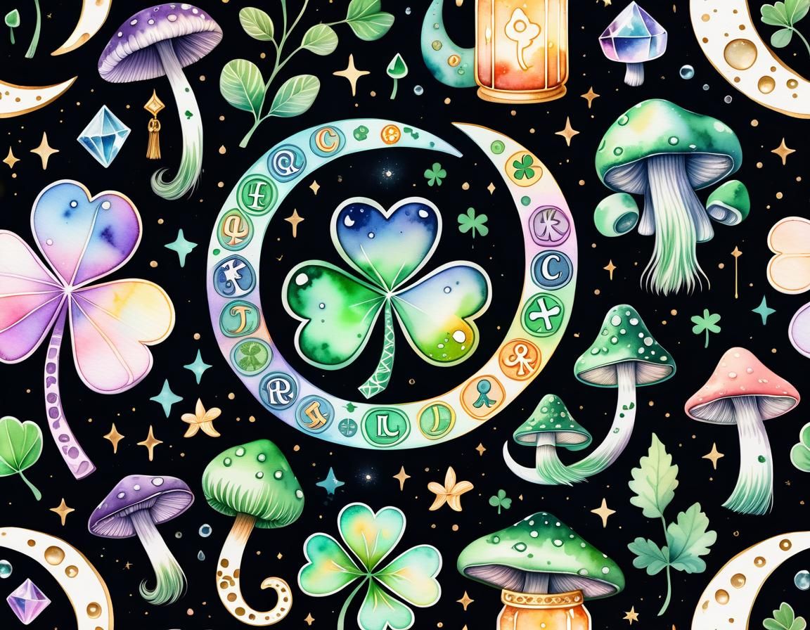 Whimsical Luck Symbols in Pastel Goth Watercolour