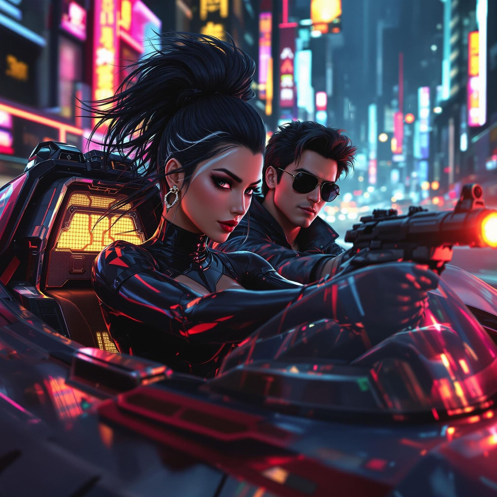 Hyperrealistic Anime Couple Racing Through Neon Cityscape