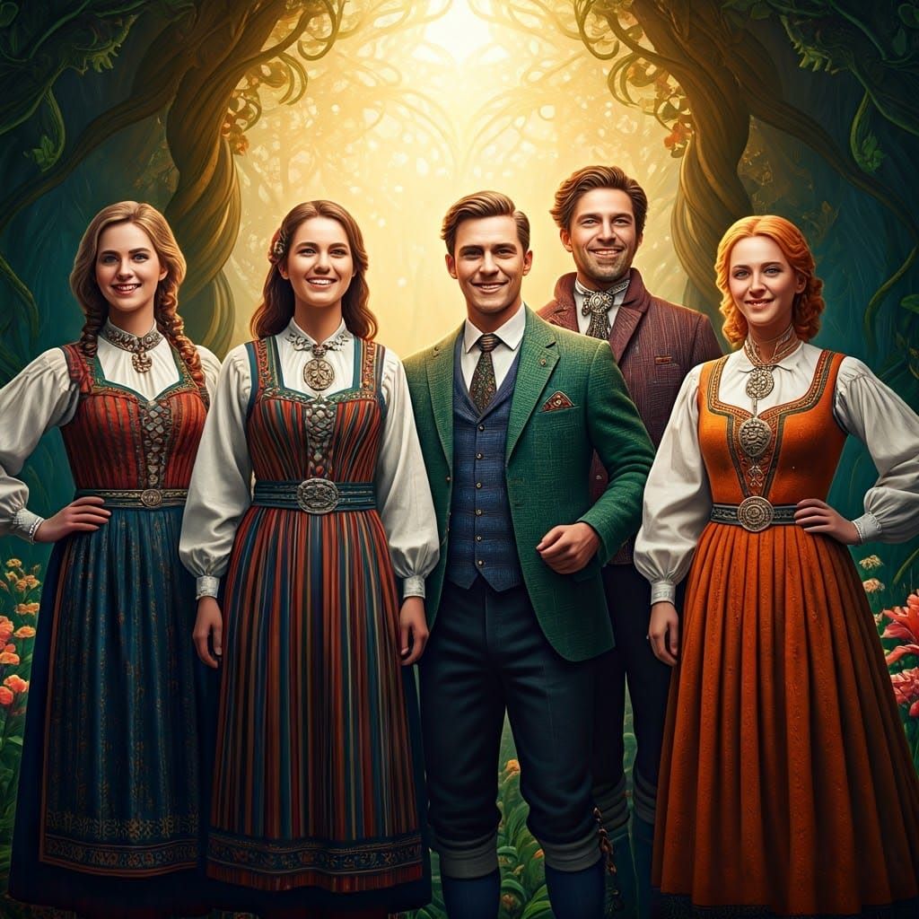 Europeans in Traditional Dress in Dreamlike Landscape