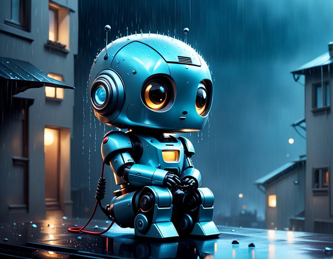 Cute Robot in Rain, Dreamy Digital Art