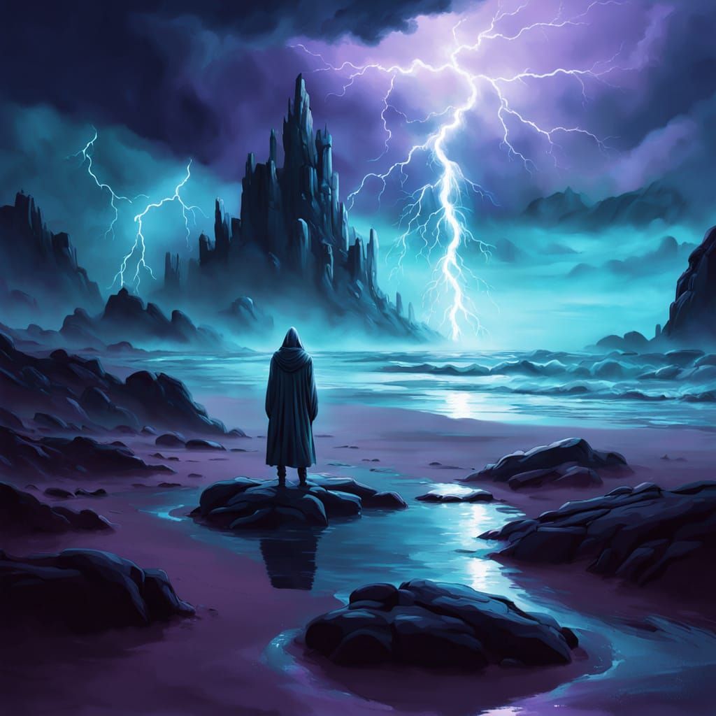 Ethereal Figure at Water's Edge in Oil Painting Style