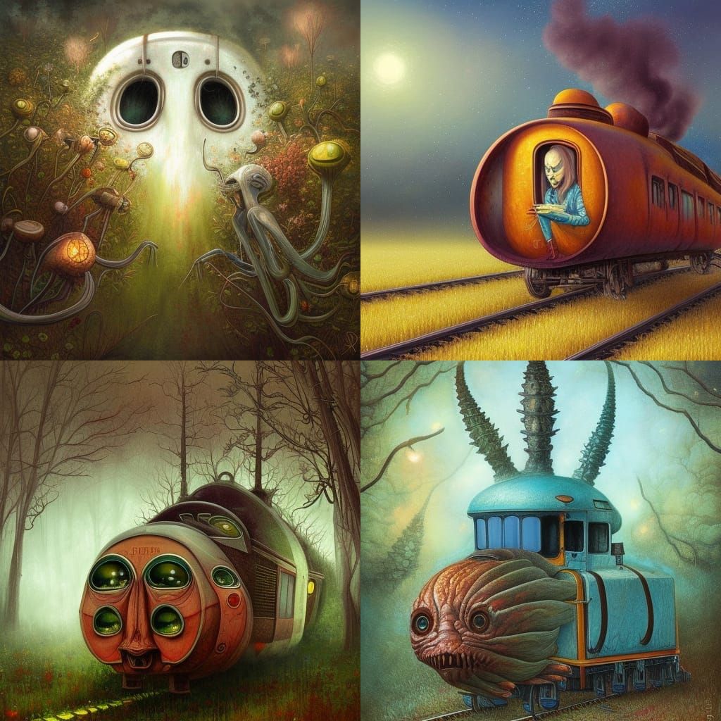 Bizarre Train Amid Alien Plants in Digital Painting
