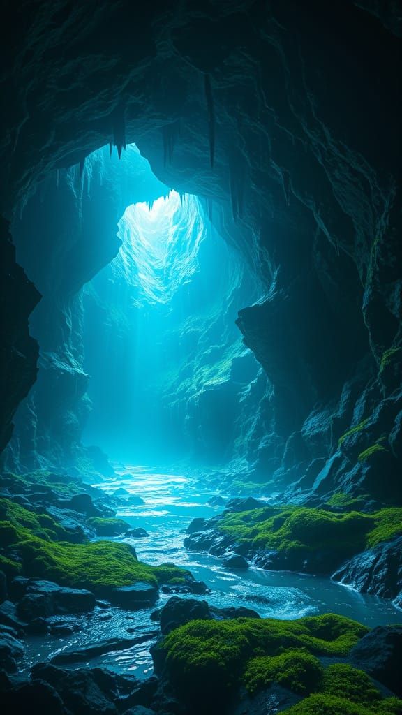 Ethereal Cavern Illuminated in Futuristic Style