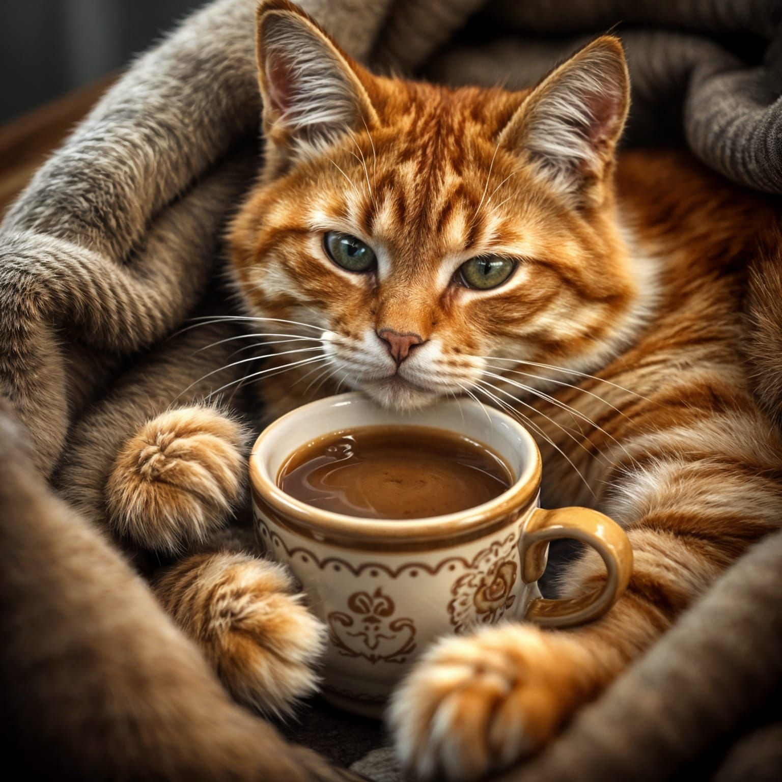 Cozy Ginger Tabby Cat with Coffee