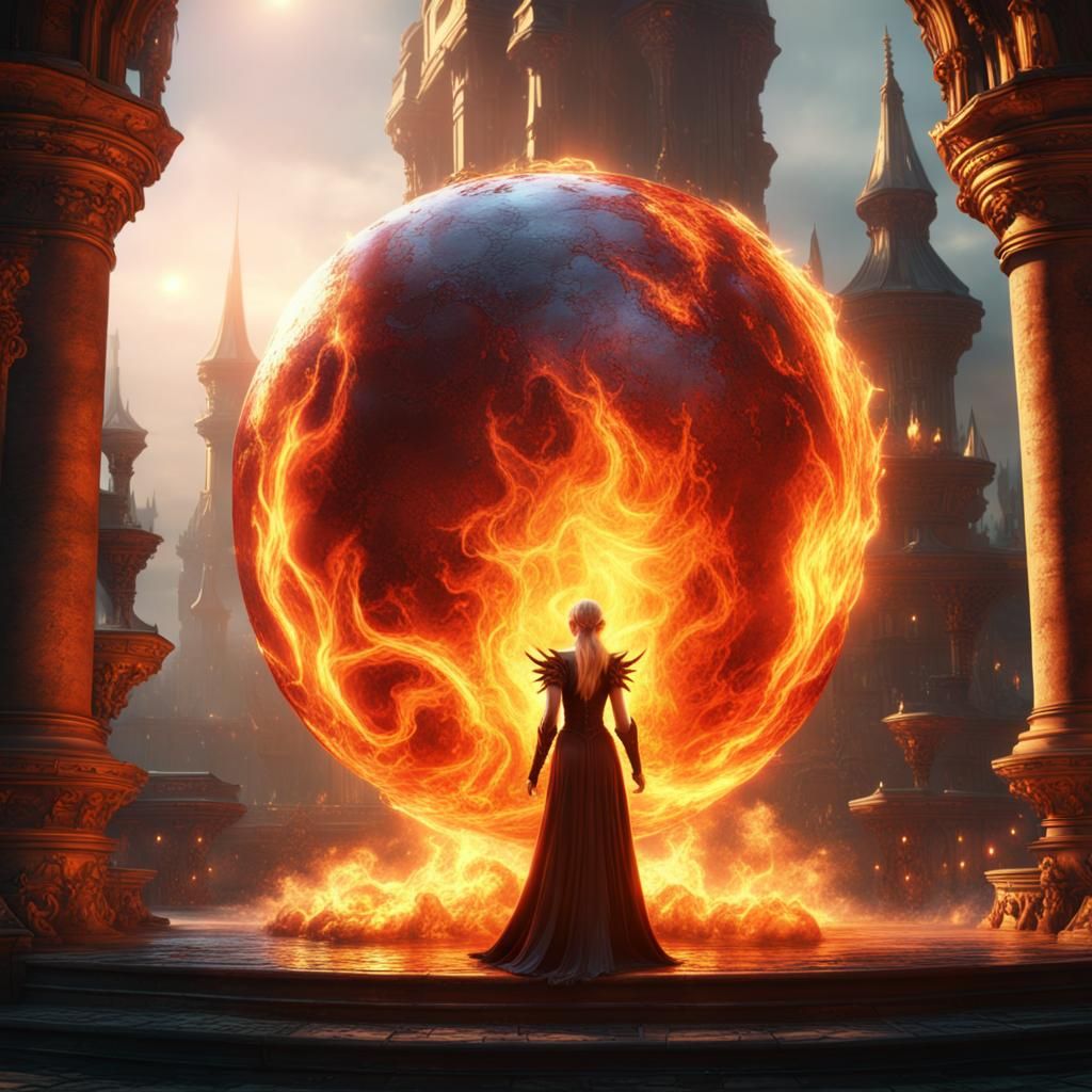 Elf Pushing a Flaming Orb: Fantasy Concept Art