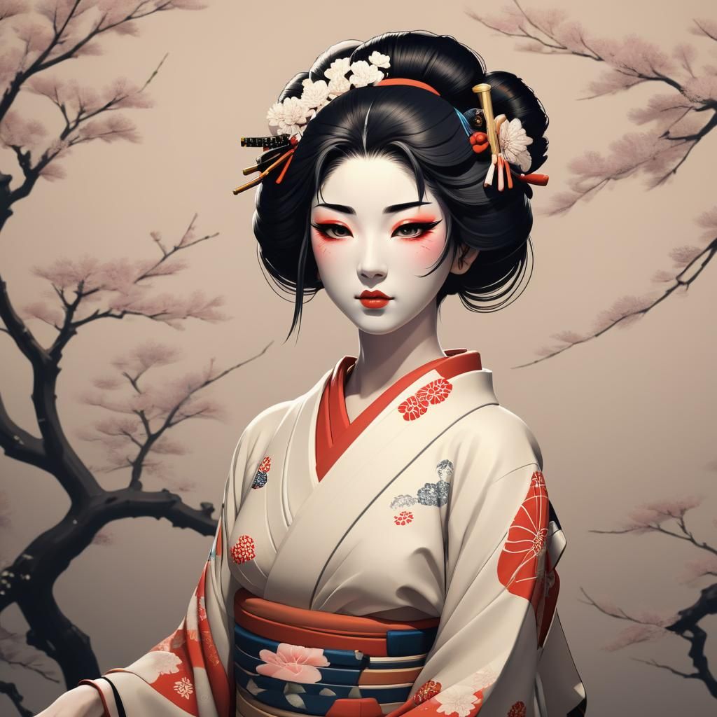 in style of Ukiyo-e. A portrait of a geisha...