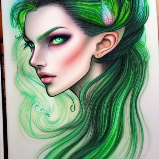 Woman with Aurora Hair in Realistic Pencil Sketch