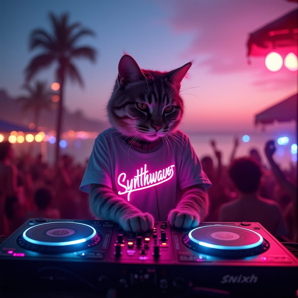 Cat DJ at Beach Party in Synthwave Vaporwave Style