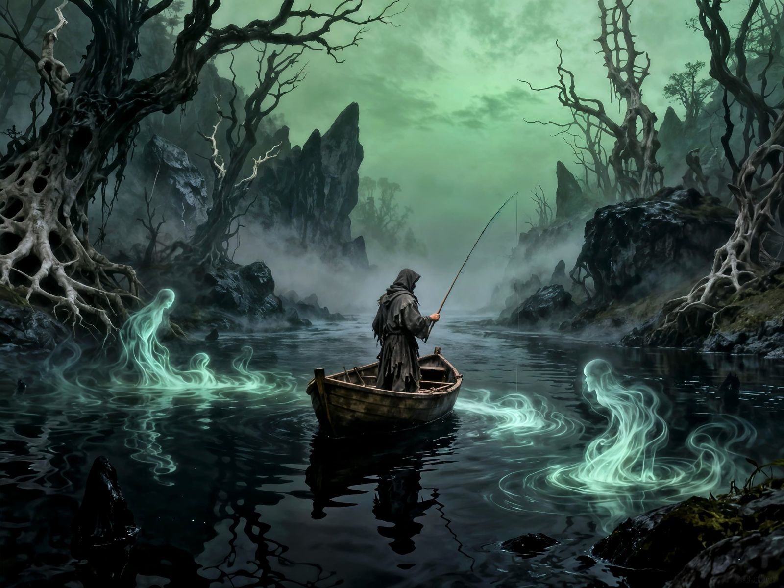 Dark Fantasy Fisherman on the River Styx