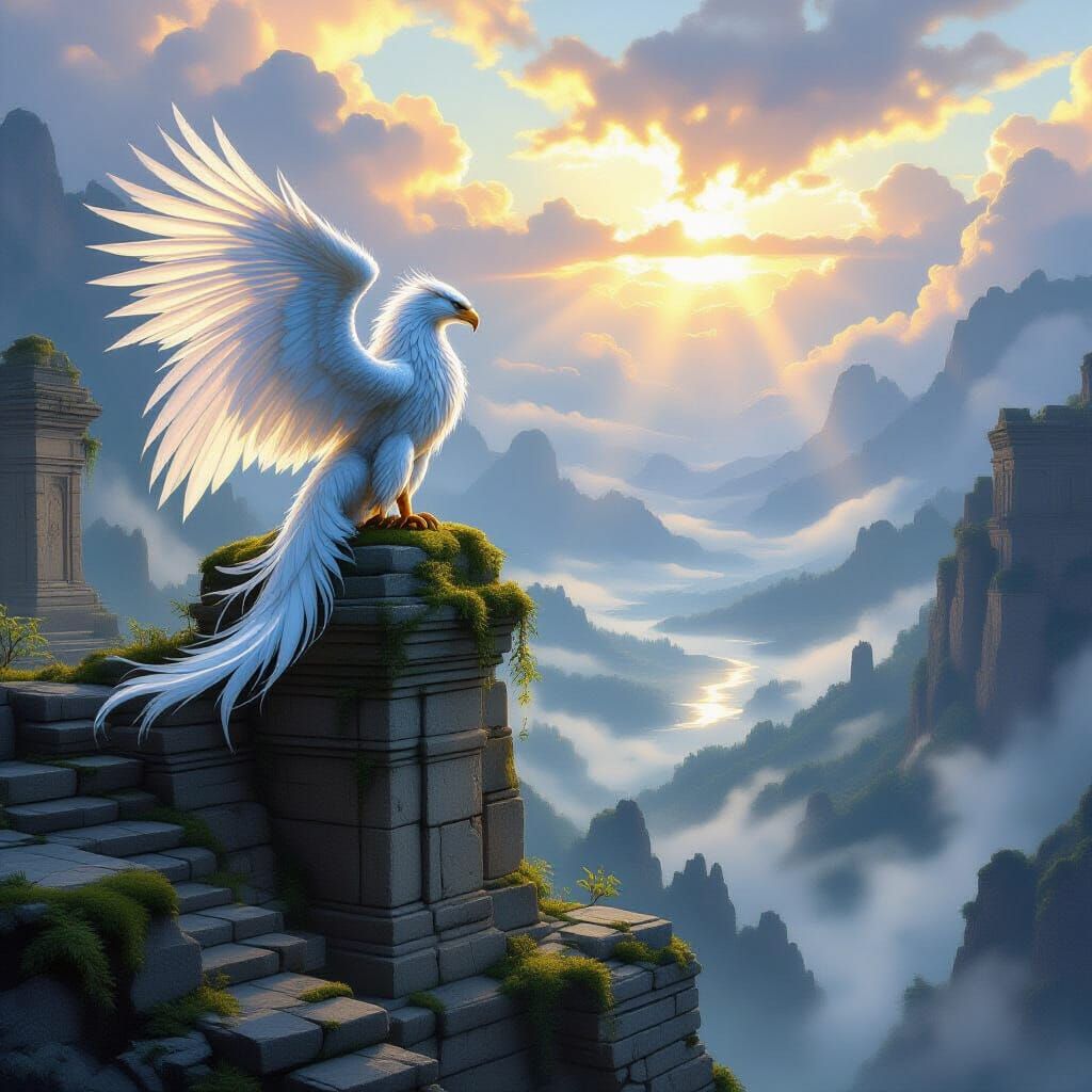Majestic Griffin Over Misty Valley at Dawn, Fantasy Art