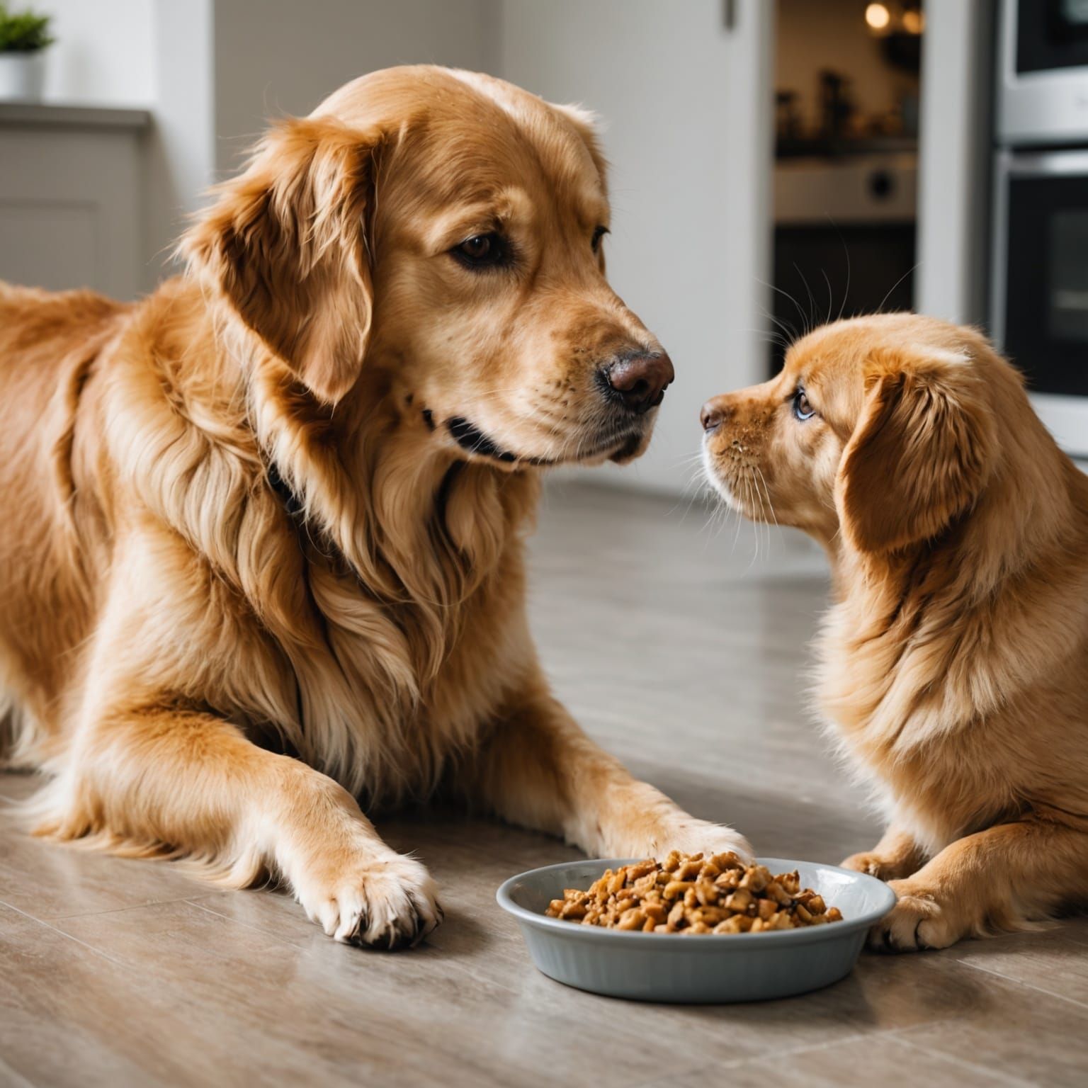Golden Retriever Observes Cat Eating