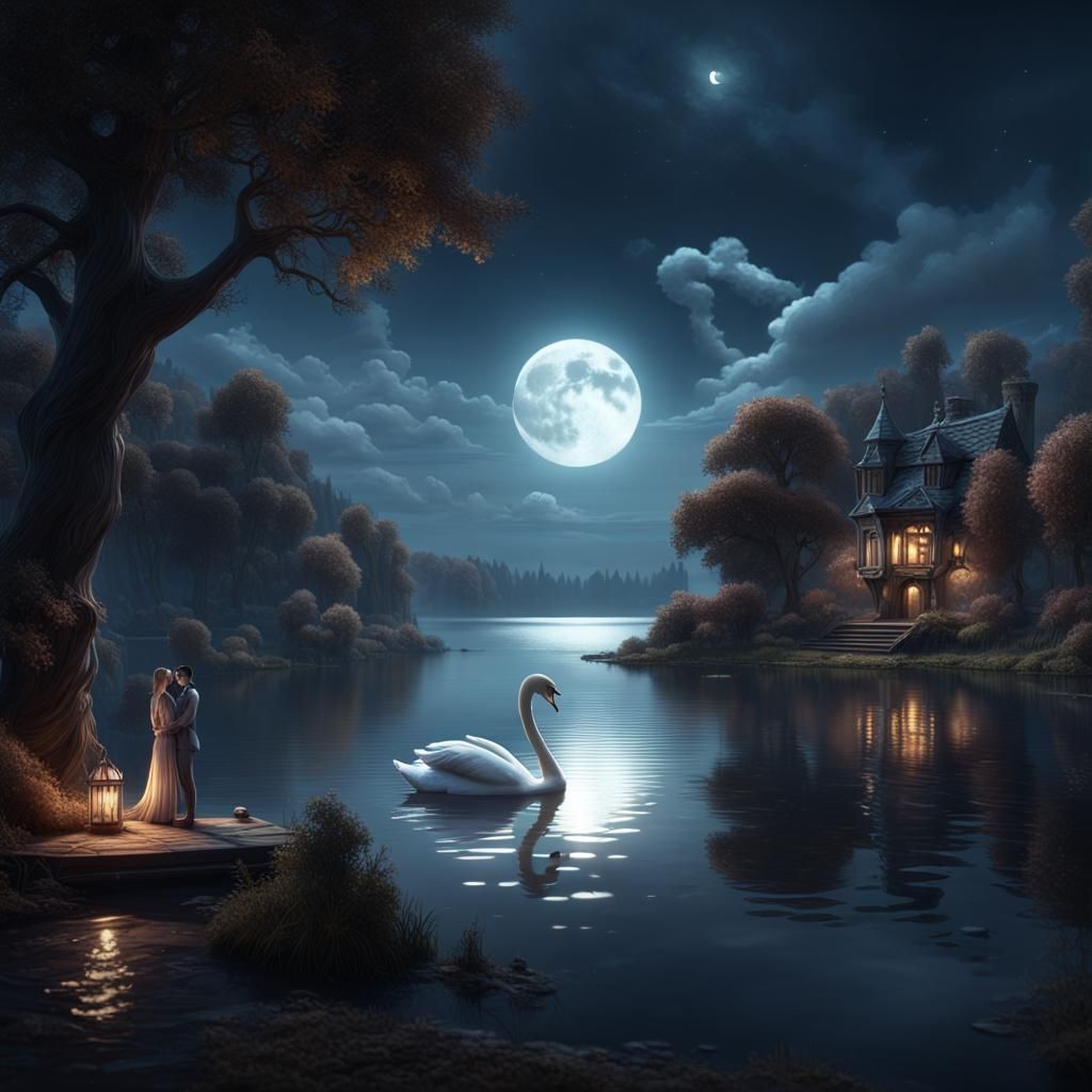 Moonlit Lakeside Scene with Swan, a Fantasy Art Masterpiece