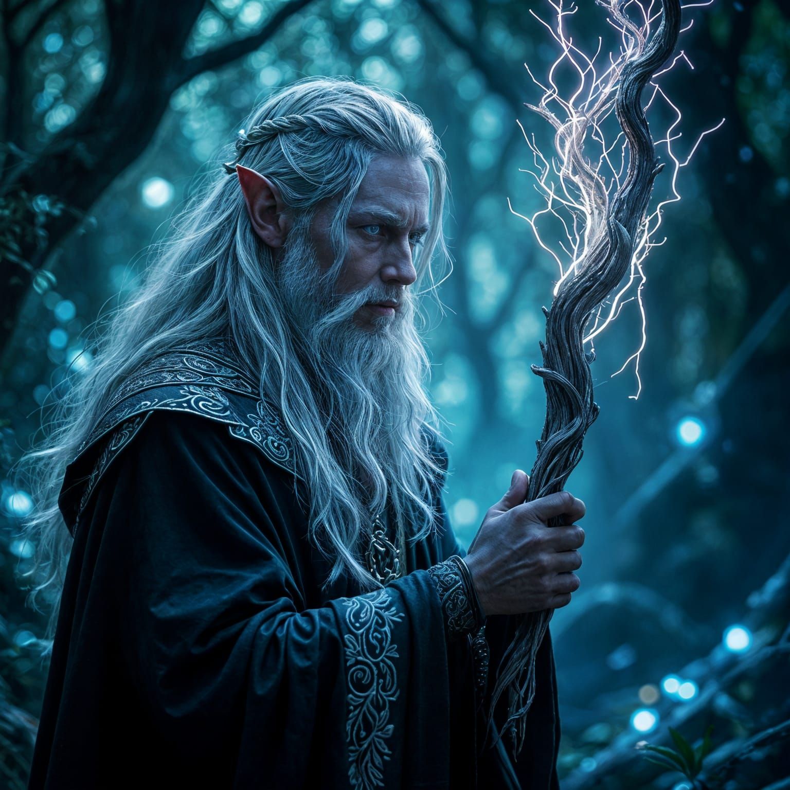 Ancient Elf in Bioluminescent Forest Holding Energy Staff