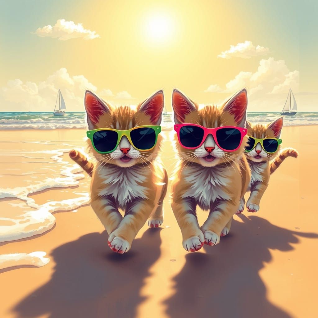 Kittens in Sunglasses Run Along Sunny Beach