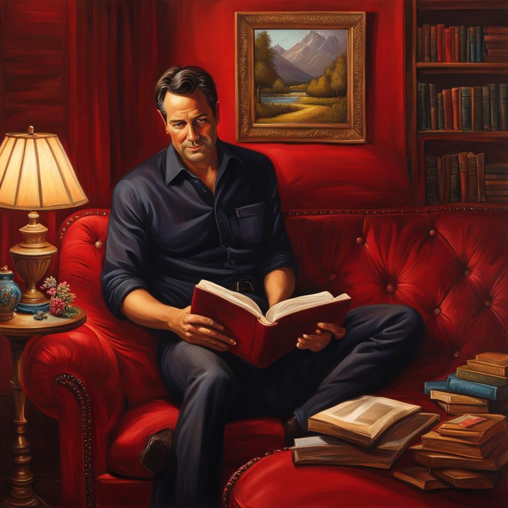Handsome Man Reading on Red Couch