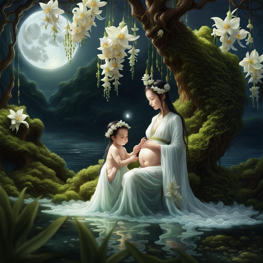 Moonlit Nymph with Newborn Elven Twins