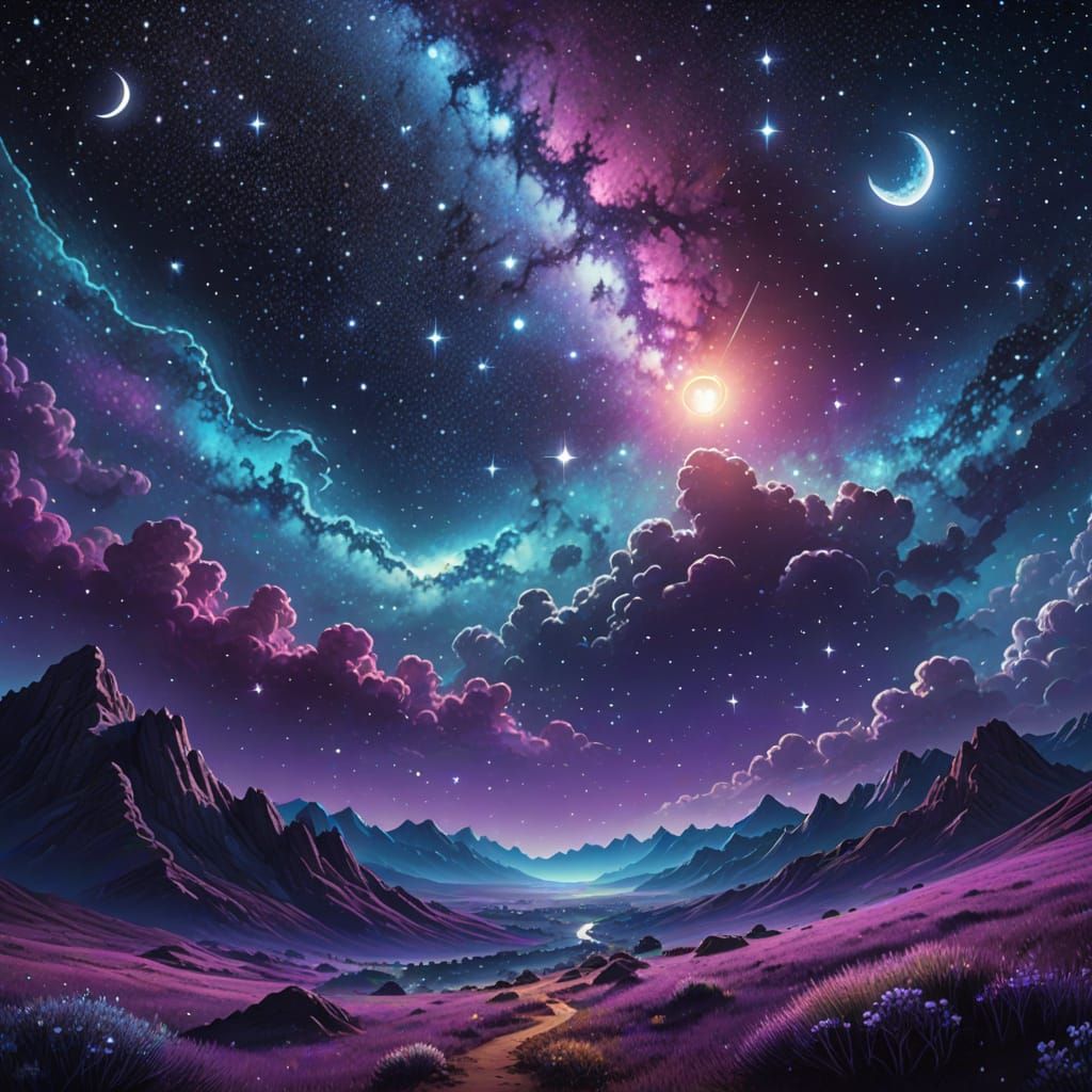 Cosmic Night Sky with Quarter Moon