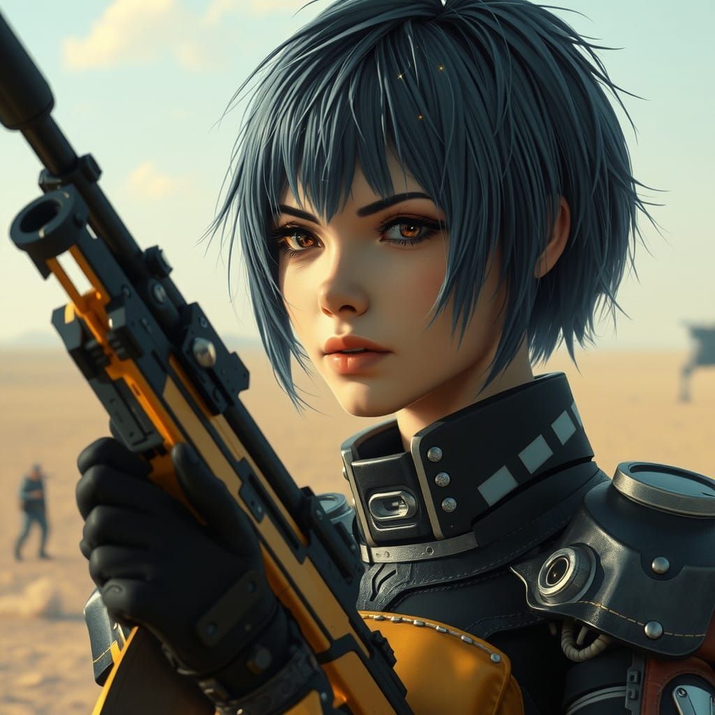 Majestic Futurist Warrior Motoko Kusanagi with Blue Hair and...