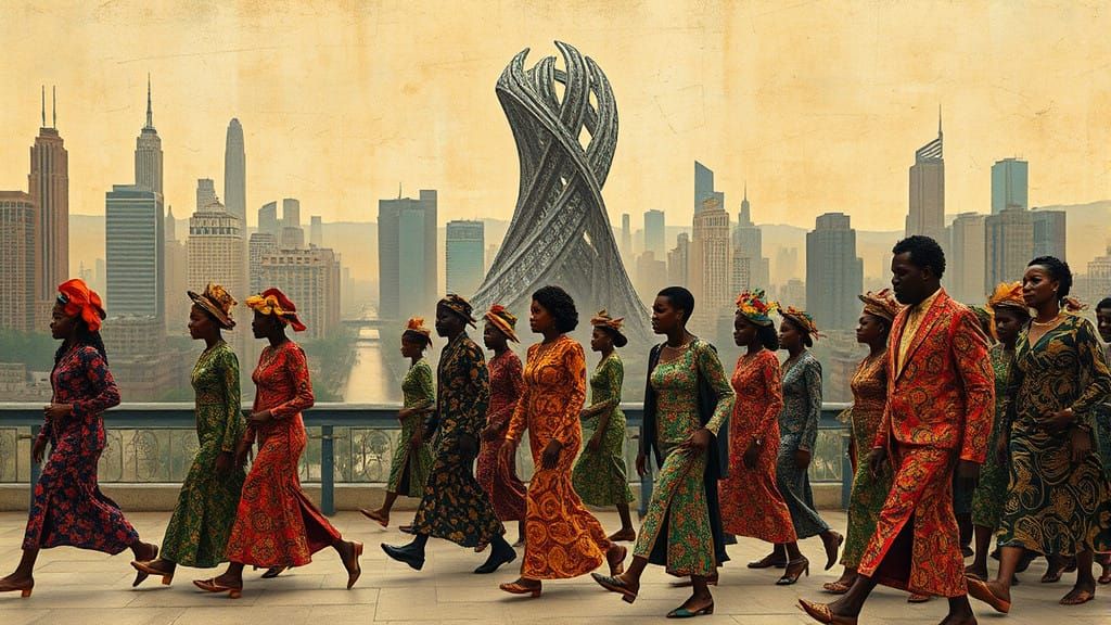 Ethereal Mourners Procession in Art Nouveau-Inspired Citysca...