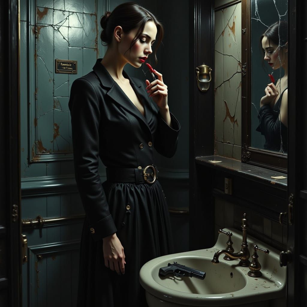 Neo-Noir Woman with Gun in Bathroom Mirror