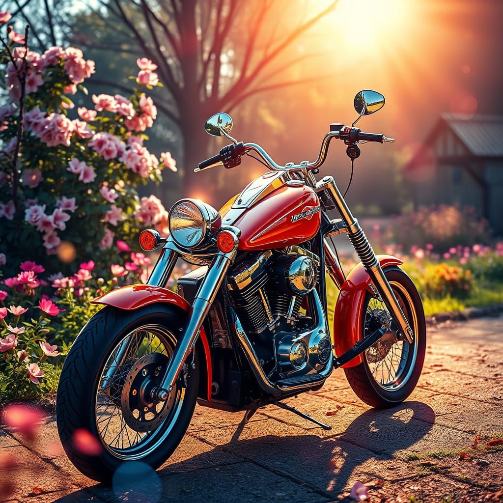 Vibrant Spring Scene with Gleaming Harley Davidson Motorcycl...