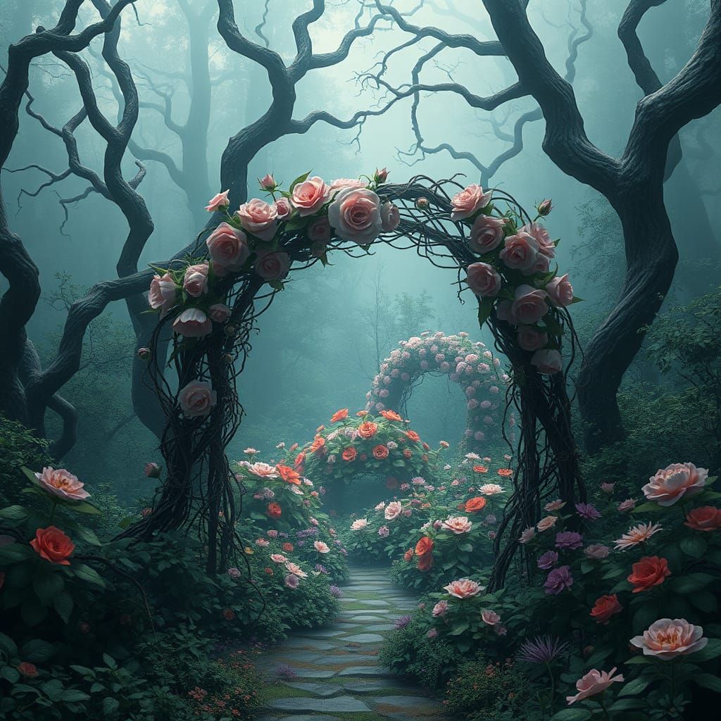 Ethereal Forest and Rose Archway to Flower Garden