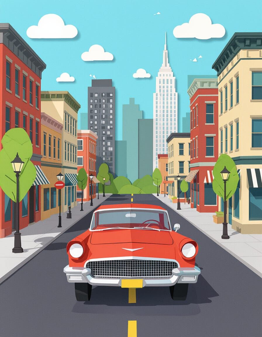 1950s Car on City Road in Papercraft Style