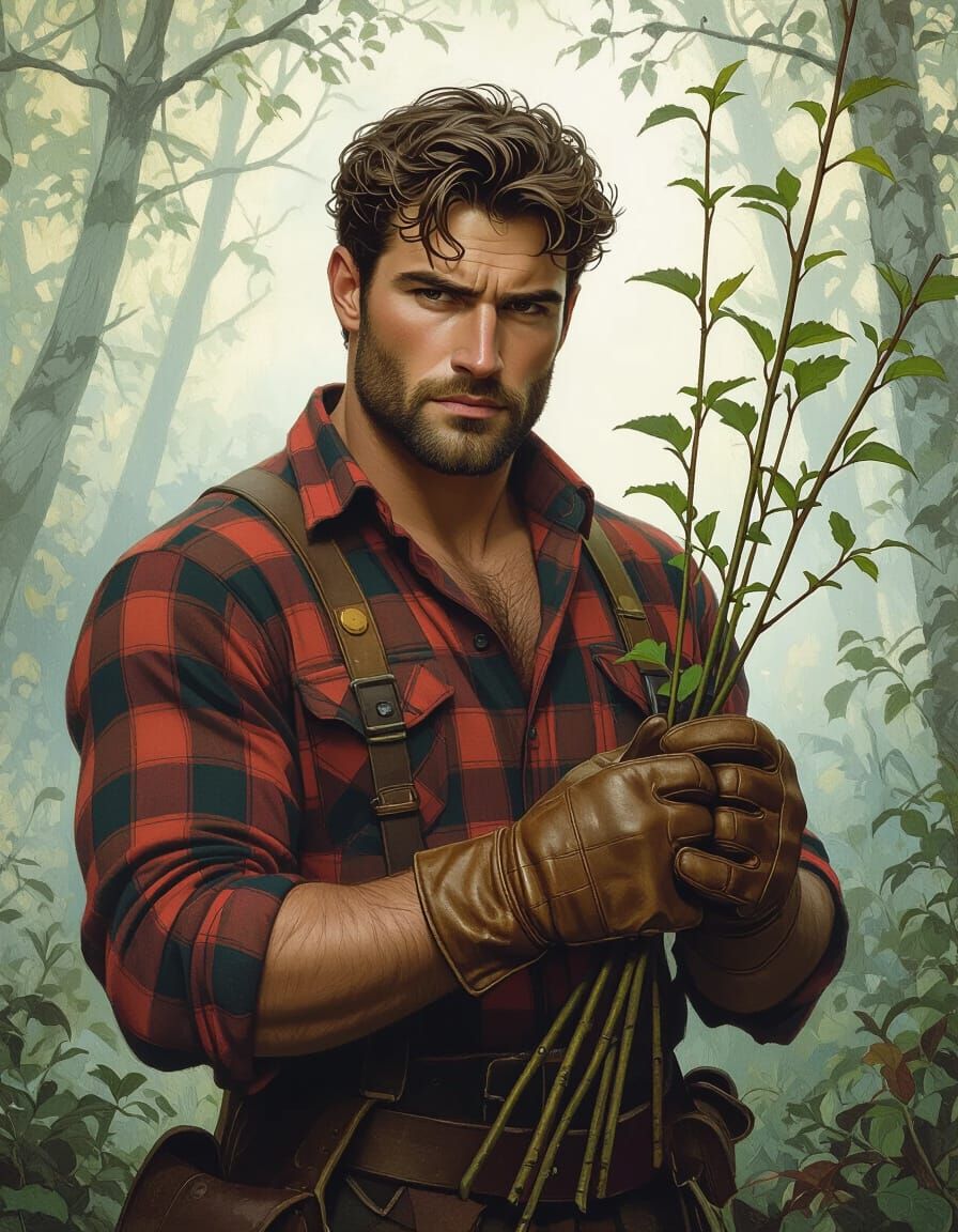 Woodsman with Saplings in Pre-Raphaelite Style