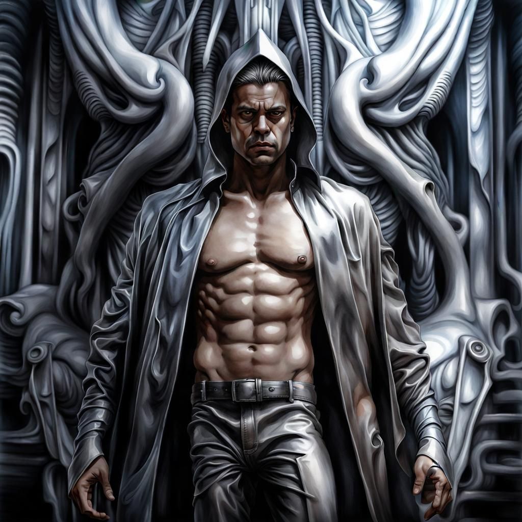 Ominous Young Man in Biomechanical Watercolor Style