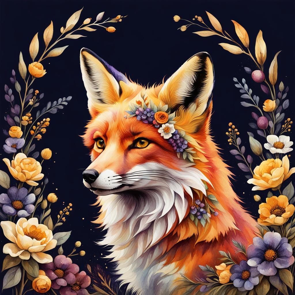 Fox with Floral Crown in Watercolor Style
