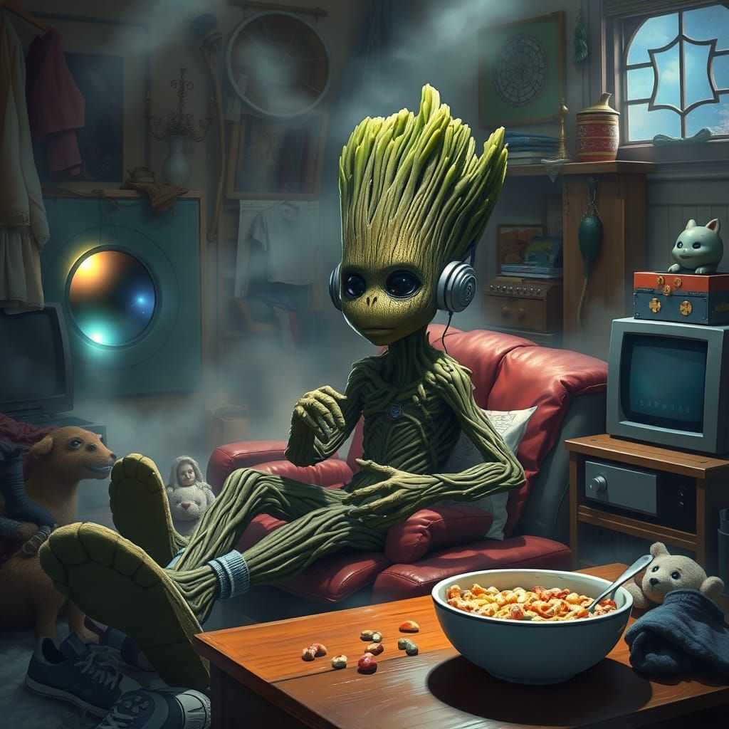 Teenage Groot in a Whimsical, Hyperdetailed Fantasy Room