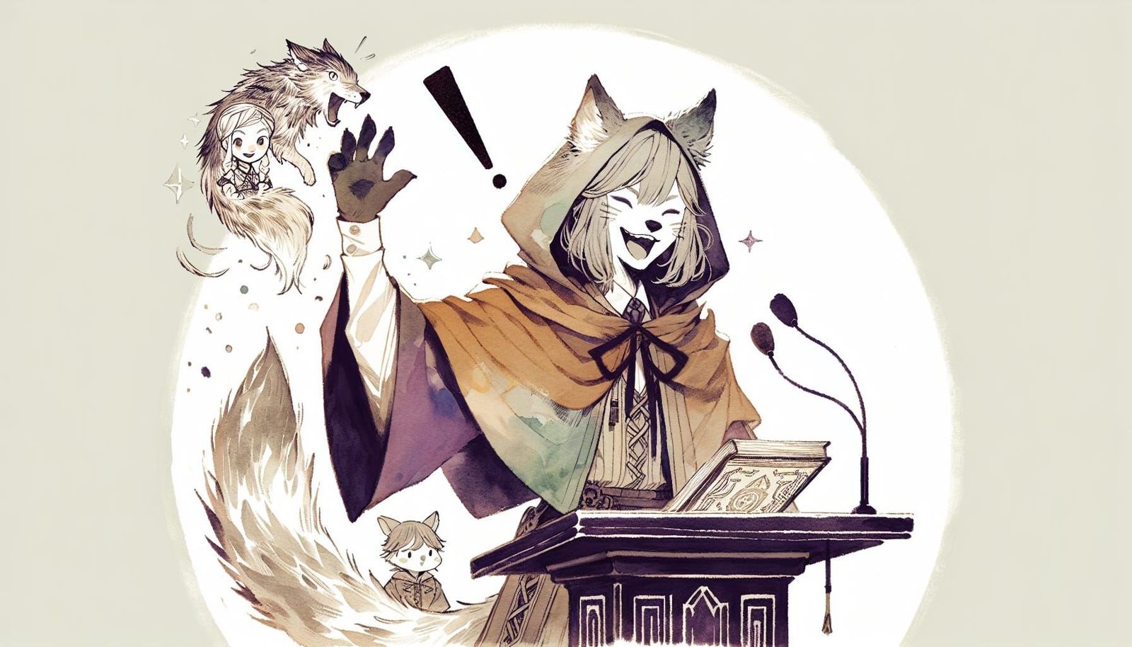 Anime Wolf Witch Giving Speech in Watercolor Style