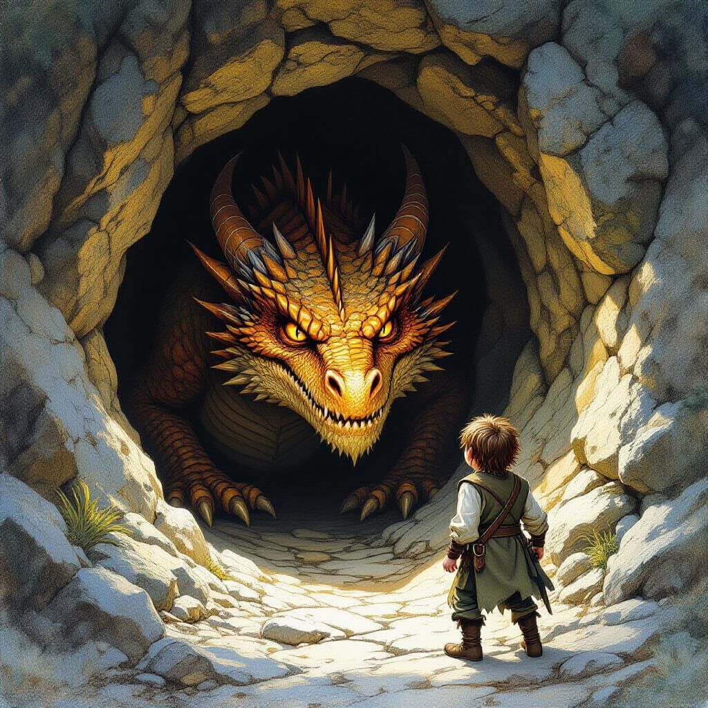 Dragon and Hobbit Staring Through Cave Tunnel