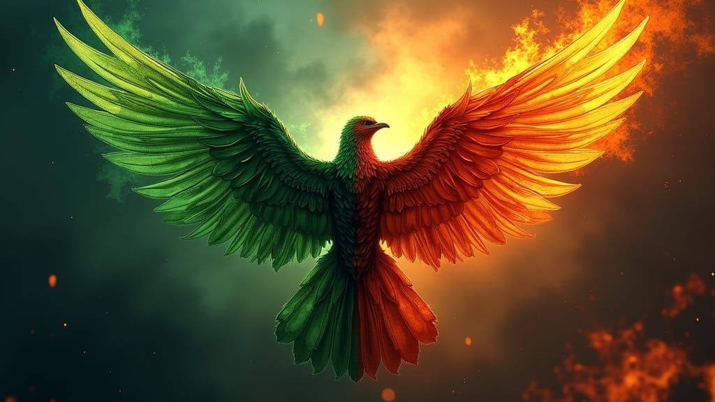 Pair of opposing wings, one vibrant green, the other dark, o...