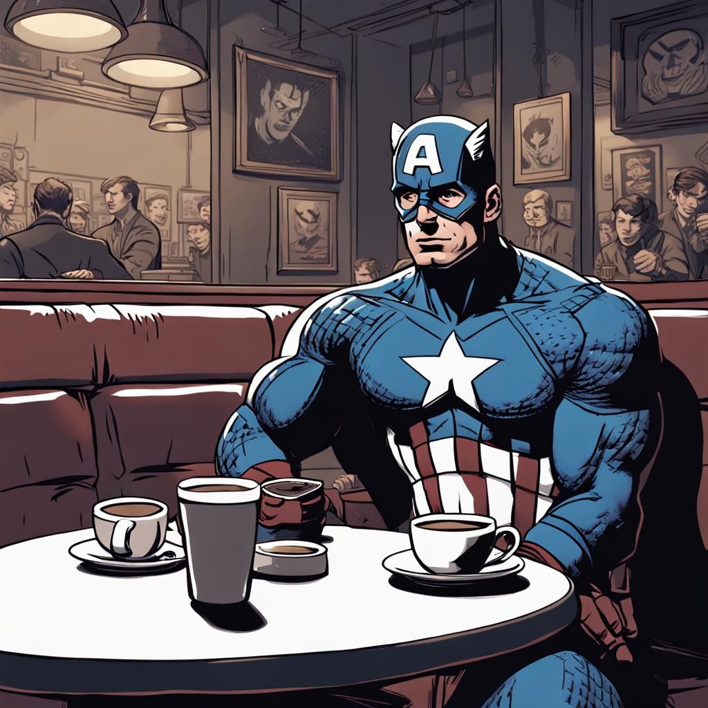 Captain America in a Dimly Lit Cafe