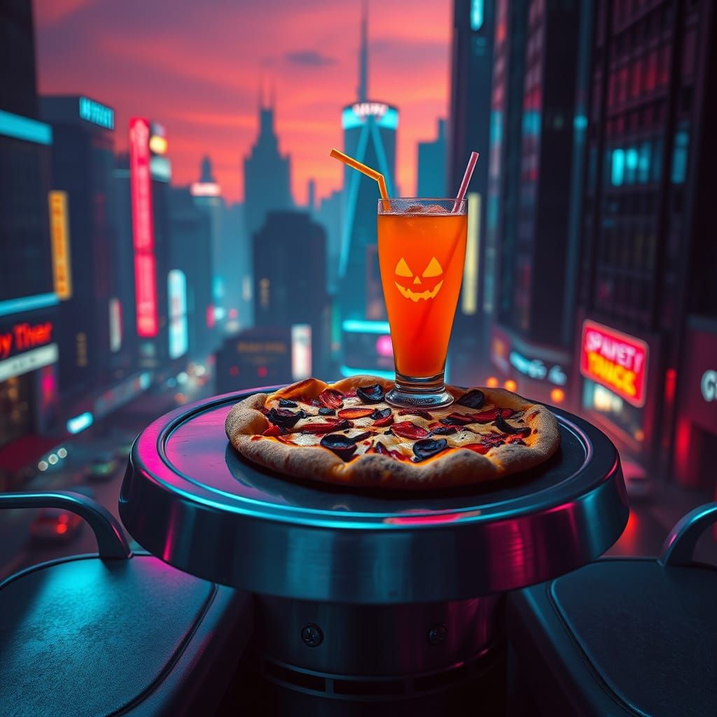 Cyberpunk Halloween Feast in Neon Cityscape