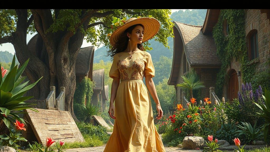 Solarpunk Woman in Thriving Green Settlement