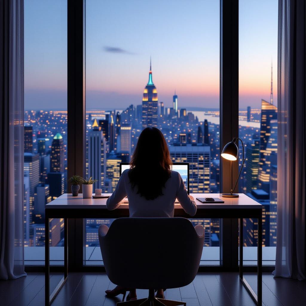 Woman at Desk Overlooking Cityscape at Dusk in Watercolor St...